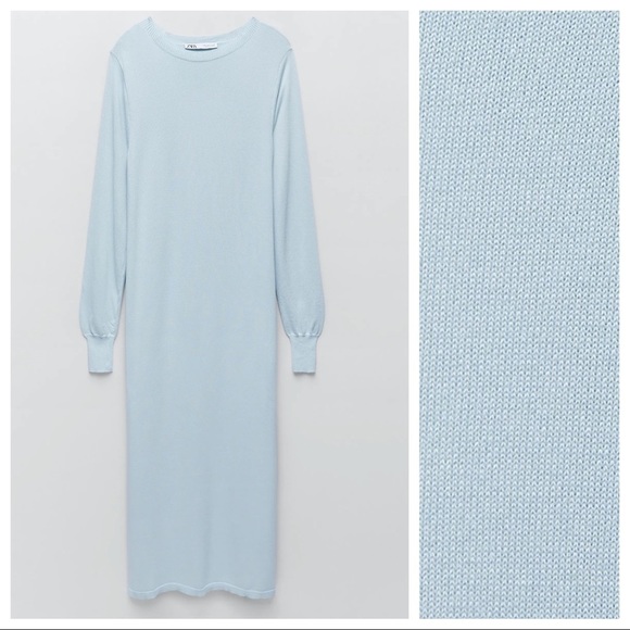 NWT. Zara Light Blue Knit Midi Dress with Back Opening. Size M. - Picture 7 of 10